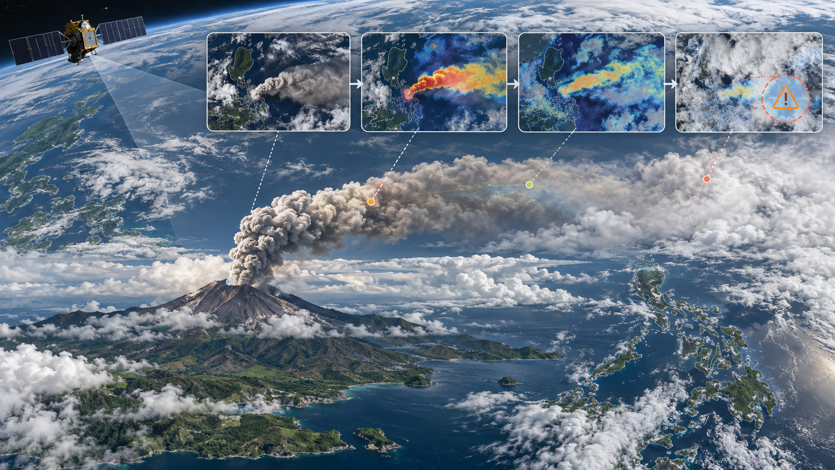 Illustrative Philippine volcanic eruption viewed from satellite with sequential multispectral frames and an ash-plume tracking path