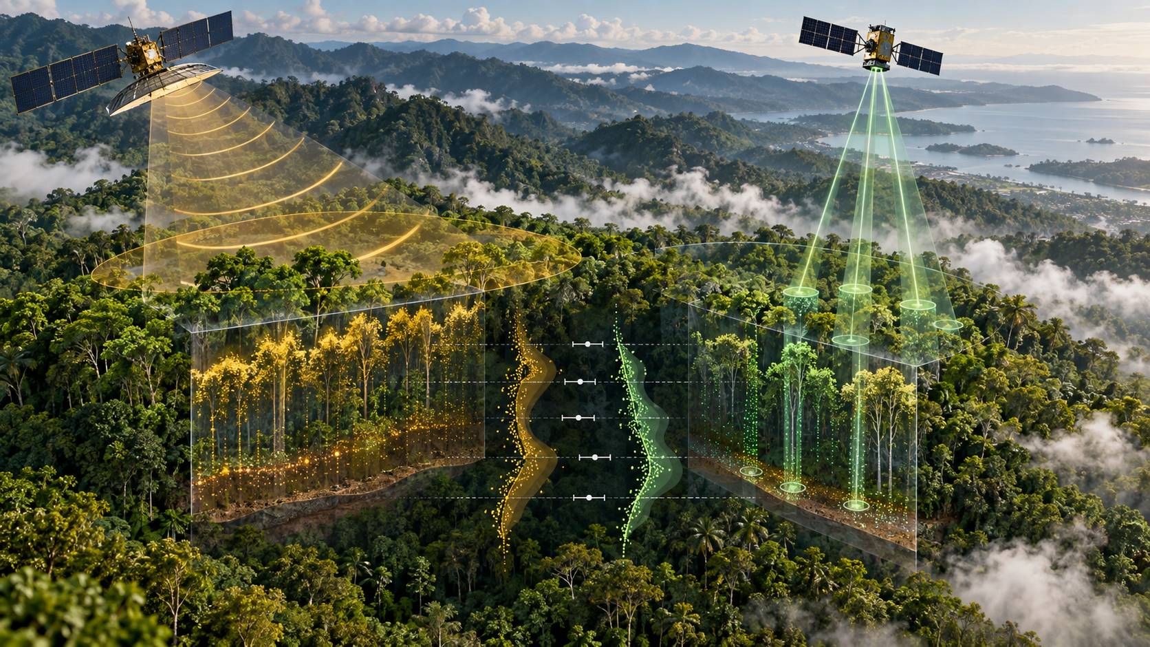 Illustrative tropical forest scene showing P-band radar scanning and GEDI lidar measurements across forest structure