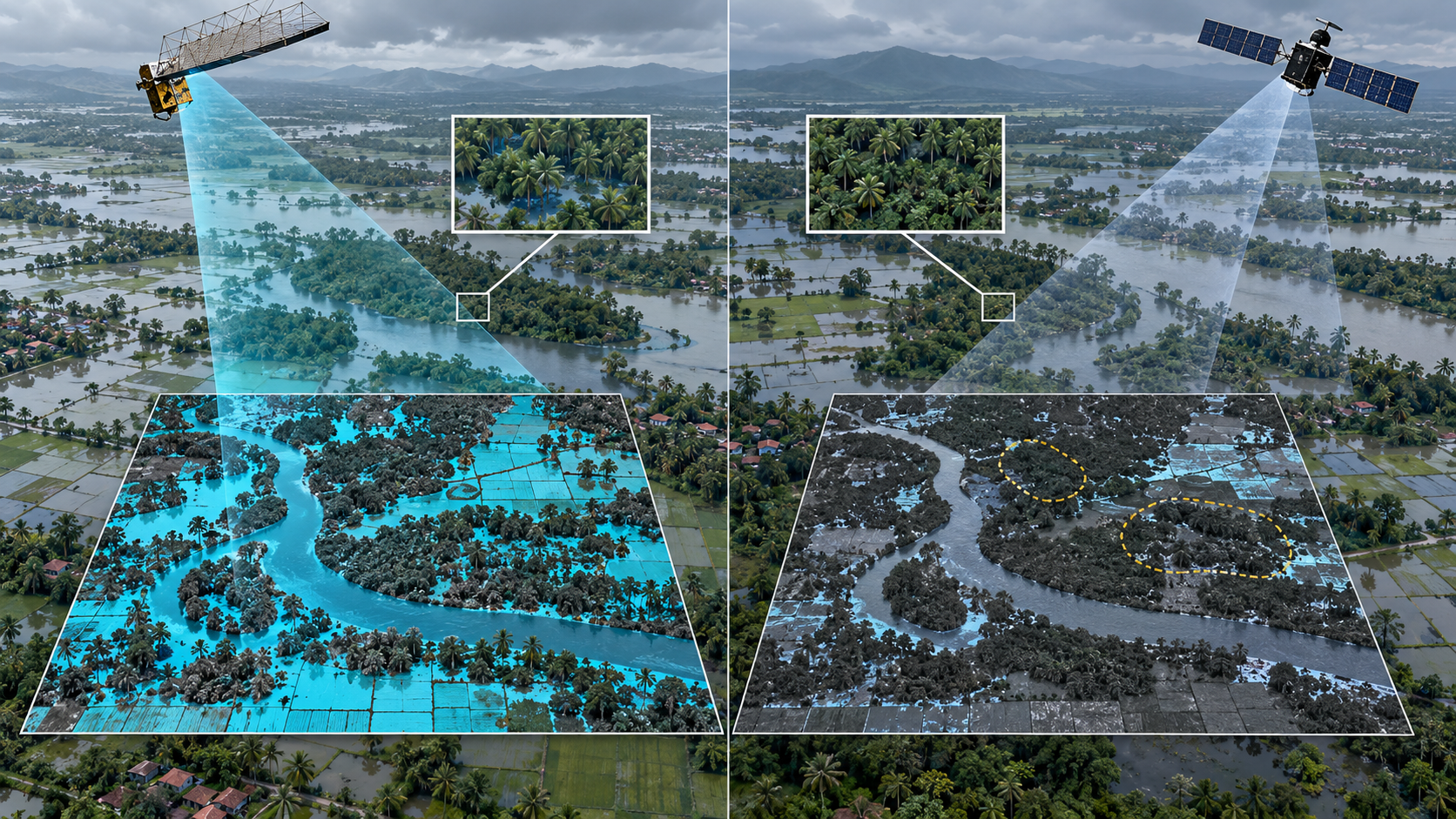 Illustrative flood scene comparing two radar satellites over vegetated terrain with side-by-side flood mapping panels