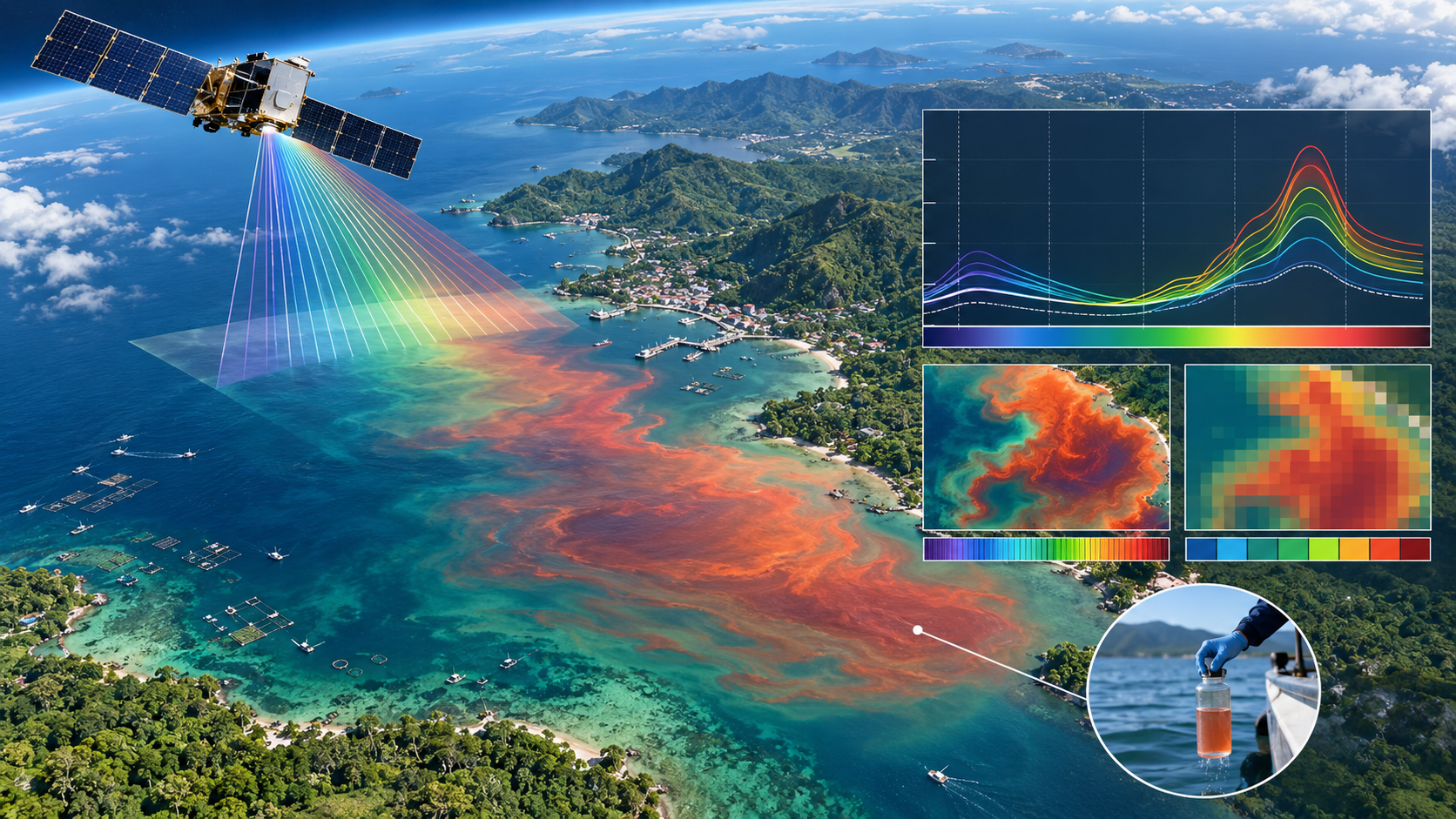 Illustrative satellite view of a Philippine coastal bloom with hyperspectral scan bands, spectral curves, and ocean-color comparison panels